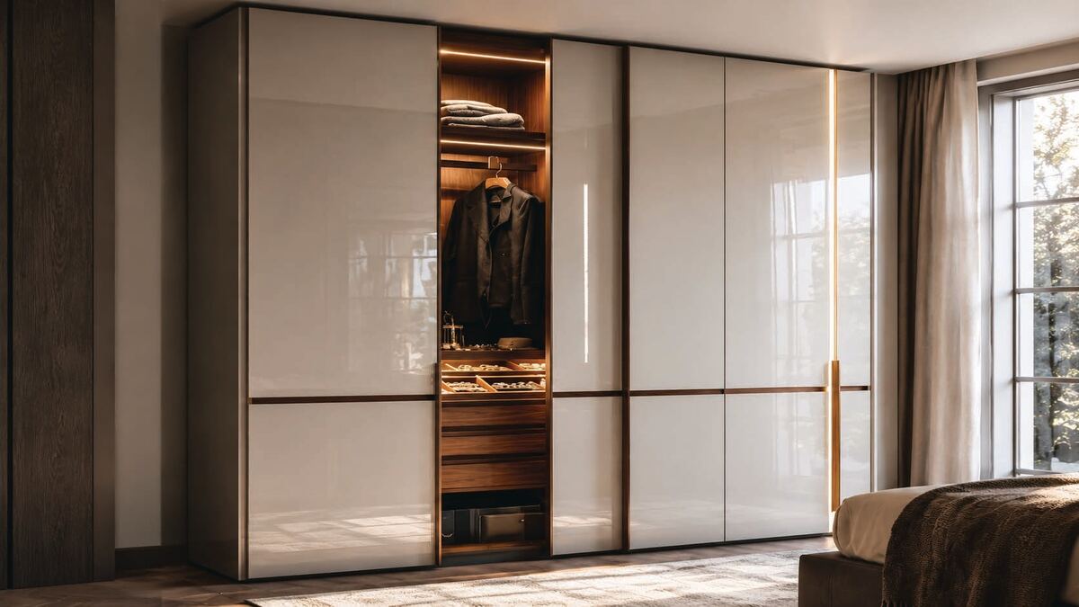 Wardrobe with laminate and glass finish