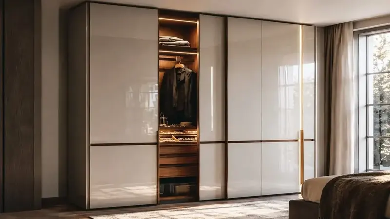 Wardrobe with laminate and glass finish